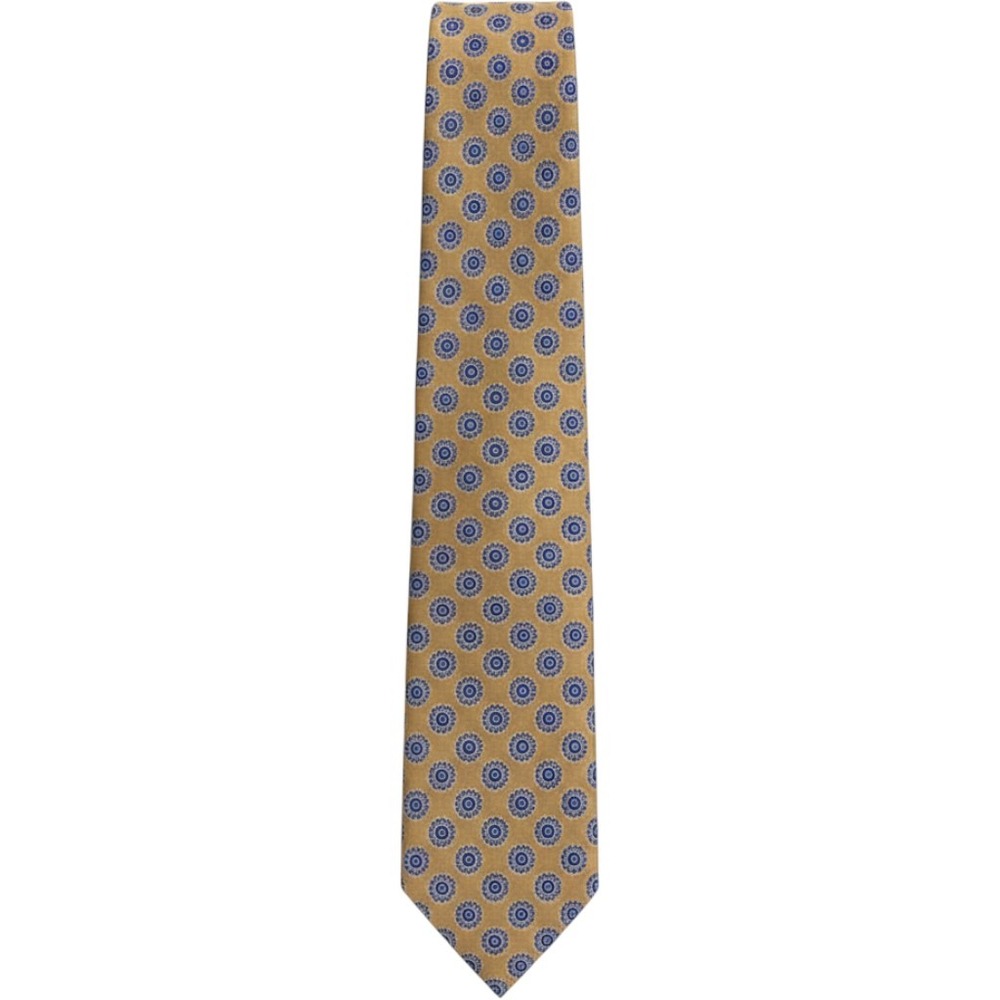 Ventura Mens Silk Tie Gold Blue Geometric Floral Medallion Hand Made USA